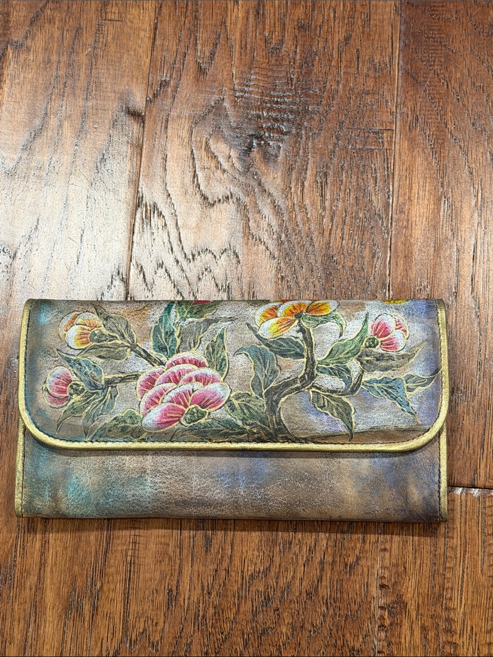 Jane Yoo Signed Hand-Painted Floral Leather Wallet - Multicolor